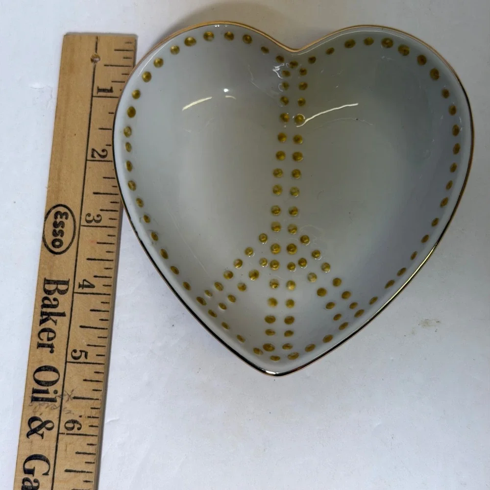 Pottery Barn Heart Trinket Dish White Ceramic Gold Dotted Peace Sign Decorative
